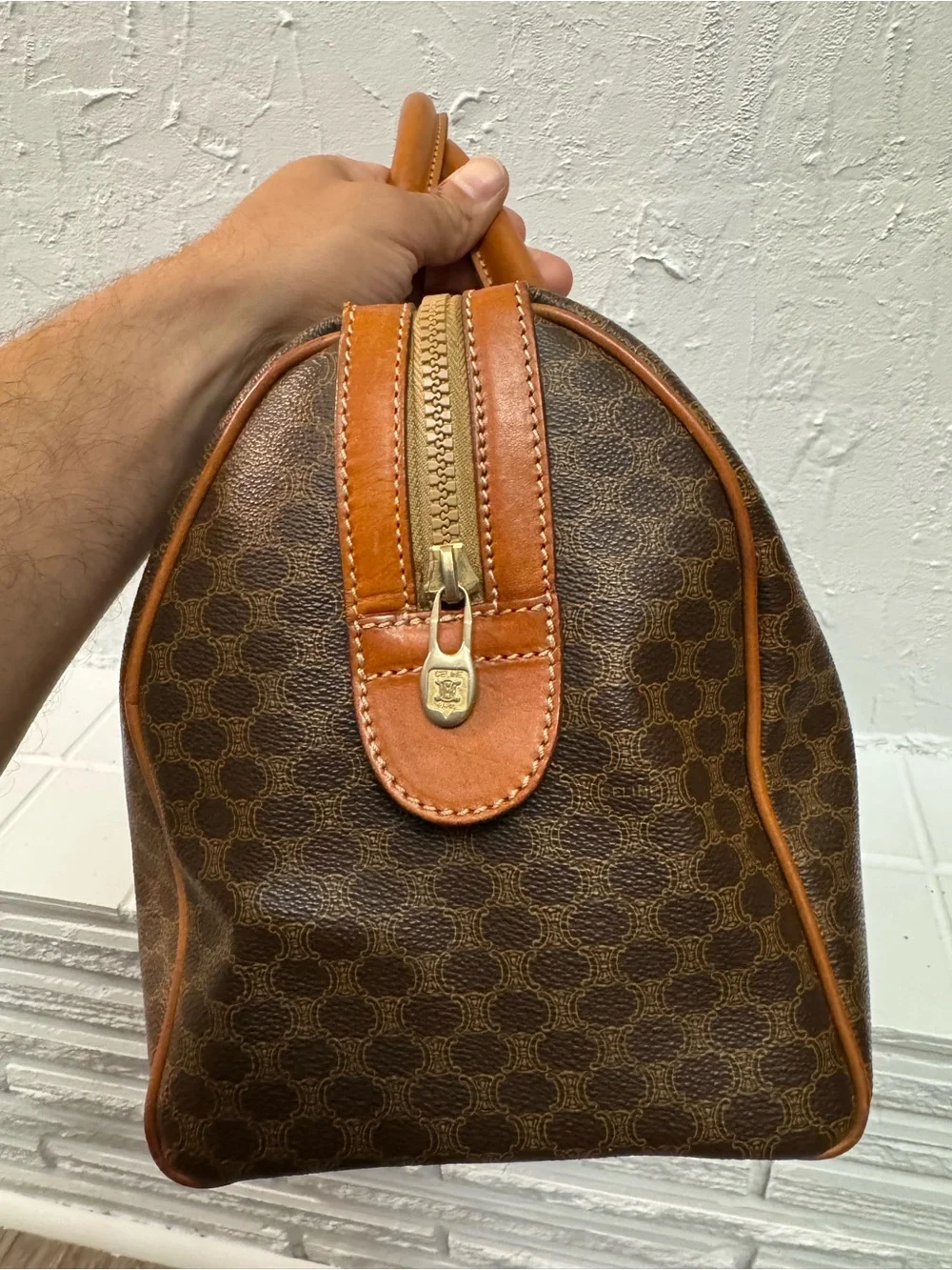 Celine Brown Monogram Canvas Duffel with Tan Leather Trim